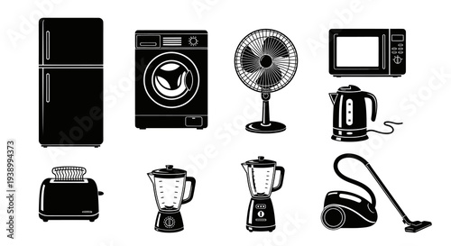 Home Appliances Black and White Solid Glyph Icons Set for Household Electronics