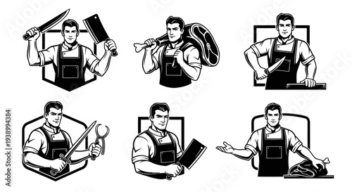 Professional Butcher Shop Emblems Black and White Line Art Set with Meat and Tools