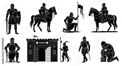 Medieval Knights and Castle Gate Black and White Vector Glyph Set