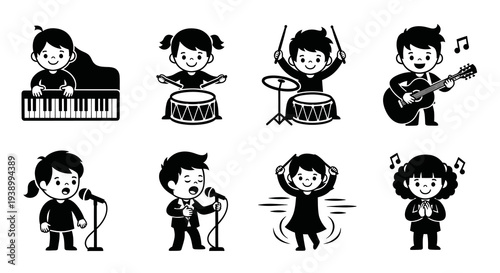 Children Music Education Icons: Black  White Glyph Set of Kids Playing Instruments  Singing