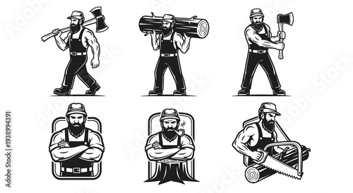 Monochrome Lumberjack  Woodcutter Logging Forestry Vintage Vector Illustration Set