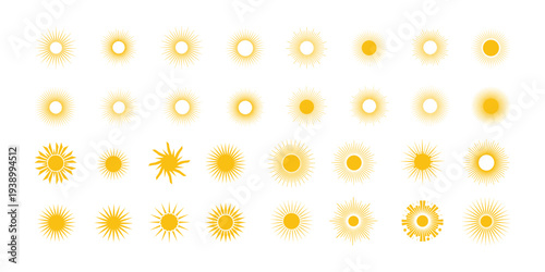 Collection of sun logos featuring rays, circles, and star shapes.