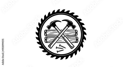 Woodworking Carpentry Construction Emblem with Hammers, Wood  Saw Blade Line Art