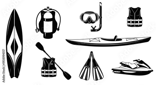 Black  White Water Sports  Diving Equipment Vector Glyphs Set: Surf, Scuba, Kayak, Jet Ski