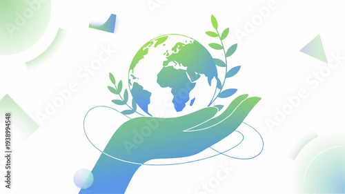 Earth in hand with leaves eco friendly symbol green globe sustainability concept environmental protection nature conservation eco concept