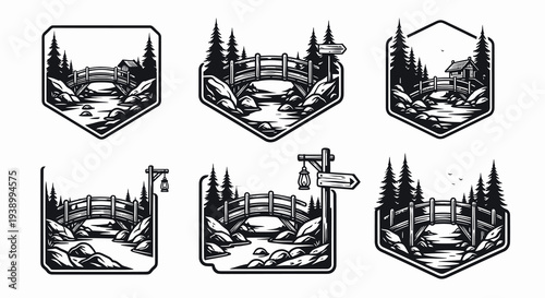 Vintage Outdoor Adventure Bridge, River, Forest Black  White Line Art Emblems Set