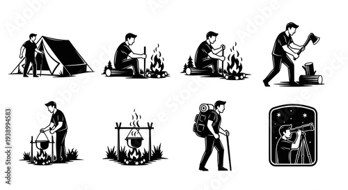 Camping and Outdoor Adventure Black  White Glyph Vector Icons: Tent, Campfire, Hiking, Stargazing