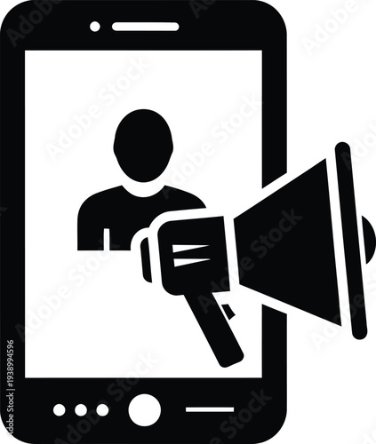 Megaphone announcing to a person on a mobile phone screen
