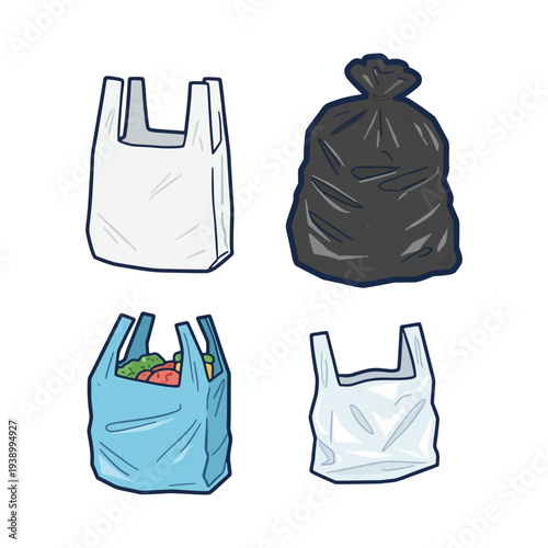 Assorted plastic shopping bags and trash bags vector illustration set.