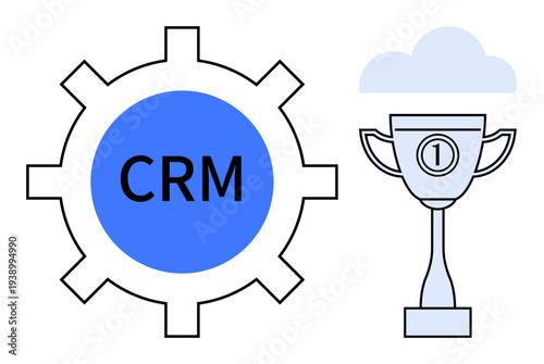 CRM system. Gear labeled CRM next to a trophy and cloud, customer relationship management success. CRM tools for businesses, automation, productivity, teamwork, and cloud integration