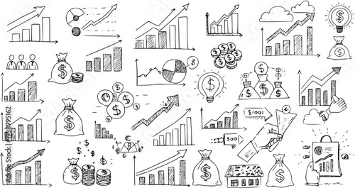 Black and White Line Art Financial Growth Charts, Money Bags, and Coins Collection