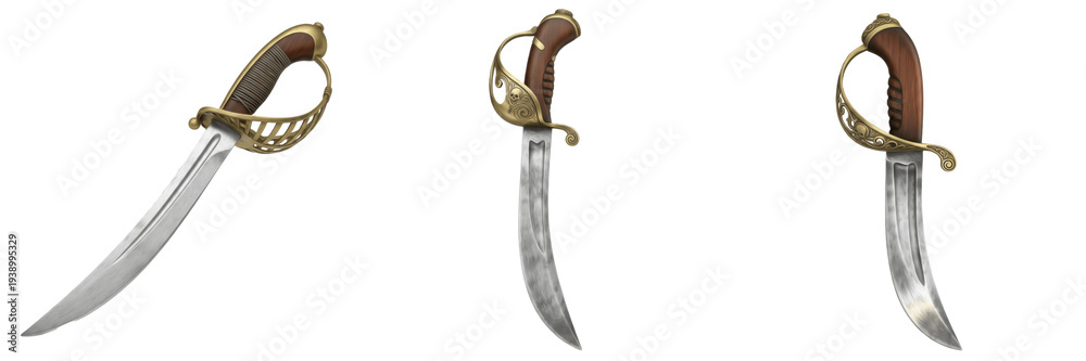 Obraz premium Set of 3D Pirate Cutlass Swords Isolated on White Background - Antique Naval Saber with Golden Hilt and Curved Steel Blade for Adventure and Maritime Concepts
