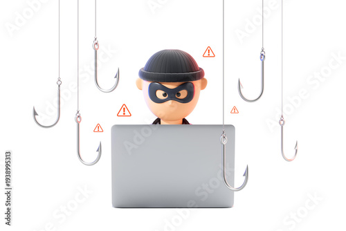 Cartoon hacker figure using laptop with surrounding hooks in simple style on white background, concept of phishing danger and cybersecurity risk, 3D Rendering