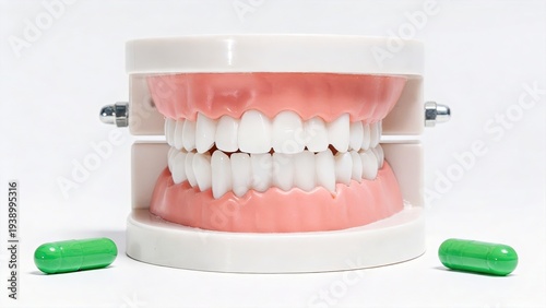 A plaster dental model, with green pill capsules scattered around it.