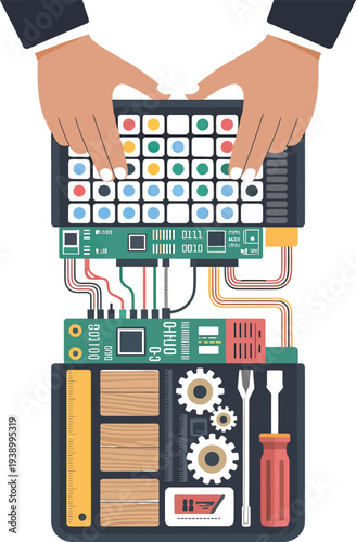 Electronics Robotics Kit Vector Illustration – Hands-On STEM Learning with Circuit Board, Tools, Gears, Wires, and Interactive Assembly
