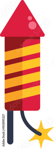 Red and yellow striped firework rocket with a lit fuse on white background