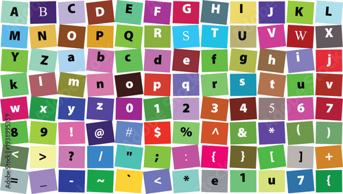 A vibrant collection of colorful squares displaying uppercase and lowercase letters, numbers, and various typographic symbols arranged in a grid.