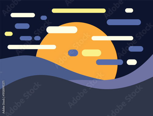 Abstract night landscape showing a large orange moon setting or rising over dark rolling hills