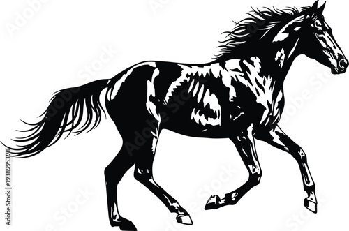 Running horse silhouette, dynamic equine illustration, black and white artwork, powerful animal design, flowing mane drawing, bold wildlife nature graphic