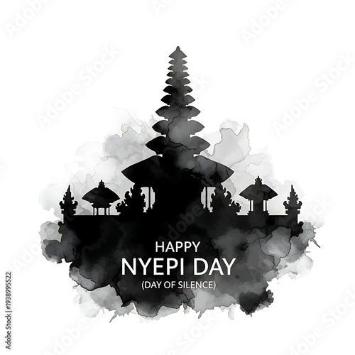 Happy Nyepi Day (Day of Silence) Celebration with Balinese Temple Silhouette and Watercolor Splash
