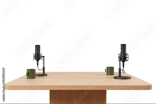 Two studio microphones and mugs on wooden table in realistic style on white background representing podcast communication concept 3D Rendering