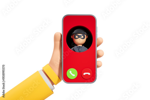 Hand holding smartphone showing cartoon thief icon in stylized graphic style on white background, concept of scam alert, 3D Rendering