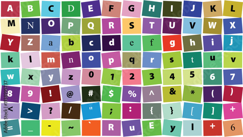 A vibrant grid of colorful squares displaying various characters including uppercase and lowercase letters, numbers, and common symbols, suitable for educational or design purposes.