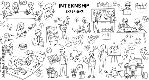 Internship Experience Black and White Line Art Doodle. Hand Drawn Business, Education, and Technology Scenes for Professional Development and Office Work