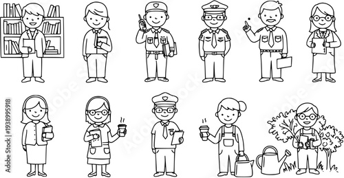 Diverse Professions Black and White Line Art Illustration: Librarian, Teacher, Police, Pilot, Businessman, Doctor, Gardener