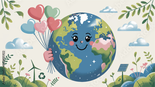Smiling earth with heart balloons eco friendly symbols wind turbine solar panel green landscape