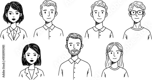 Black and White Line Art Avatars of Diverse People for Business and Technology Concepts