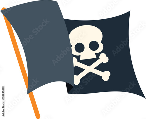 Black jolly roger flag with skull and bones symbol on a pole