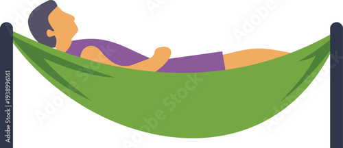 Man resting in a green hammock, symbolizing relaxation, vacation, and summertime