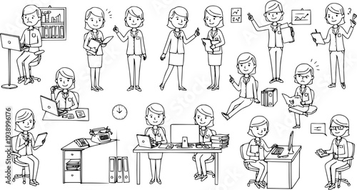 Black and White Line Art Hand-Drawn Business and Office Professionals Doodle Set. Professional Women in Various Work Poses and Situations for Corporate Niche.