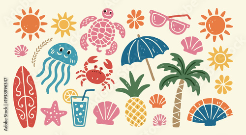Colorful Summer Beach Cartoon Elements Collection Featuring Turtle, Jellyfish, Crab, Palm Tree, Pineapple, Surfboard, Sunglasses, Umbrella, Seashells, Starfish and Sun – Cute Hand Drawn Tropical Vacat