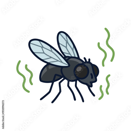 Cartoon housefly insect with green smell lines vector illustration.
