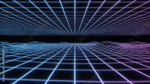 Blue to purple gradient perspective grid with horizontal light bands, abstract aesthetic