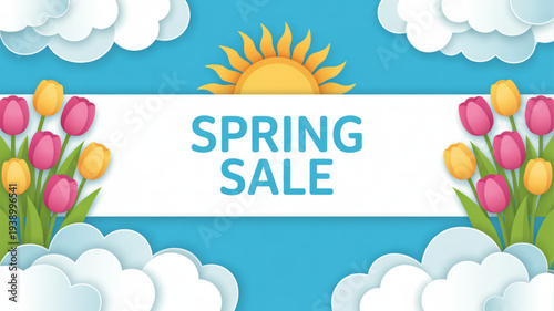 Vibrant spring sale banner with tulips clouds and sunshine against blue background