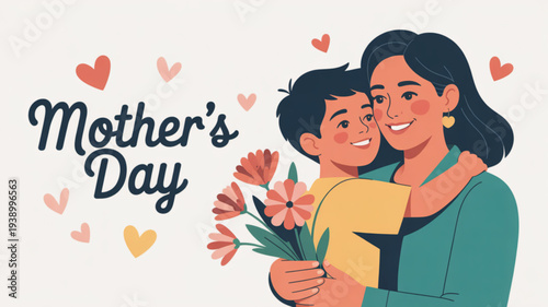 Happy mother's day illustration of mother and child embracing with flowers and hearts in soft pastel colors