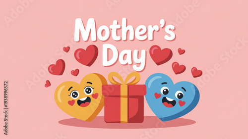 Happy mother's day illustration with smiling heart characters and gift box surrounded by hearts on pink background