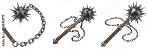 Medieval Morning Star Weapon with Spiked Ball and Chain Isolated on White Background