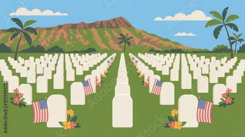 Serene military cemetery with american flags and flowers in a tropical landscape with majestic mountain background