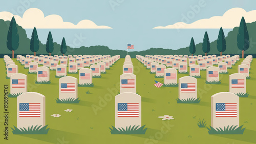 Rows of white headstones adorned with american flags in a serene military cemetery surrounded by trees and hills under a cloudy sky