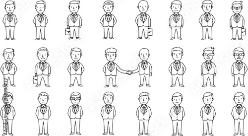 Black and White Line Art Illustration of Businessmen in Suits, Icons for Professional Services