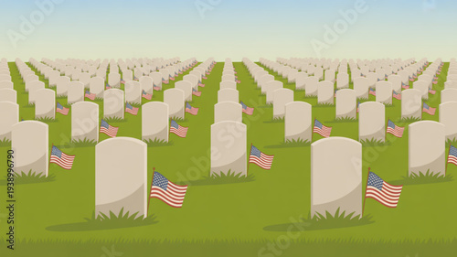 Rows of white gravestones with american flags in a serene military cemetery landscape under a clear blue sky