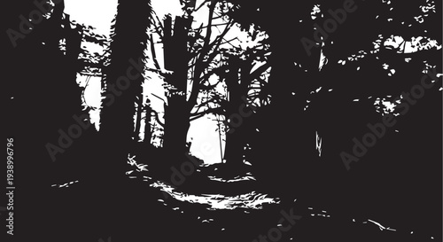 Vector grunge background with winter tree silhouette and forest branches in black and white illustration