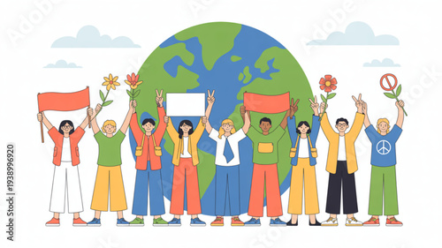 Diverse group of people standing together holding signs and flowers in front of a large green and blue globe symbolizing unity and environmental activism