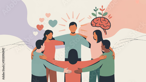 Diverse group of people with arms around each other in a circle showing unity friendship and teamwork with a brain and hearts above them