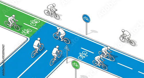 Cyclists on a dedicated bike lane at an intersection.