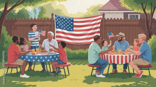 Family gathering in backyard with american flag on 4th of july people enjoying meal together at patriotic tables